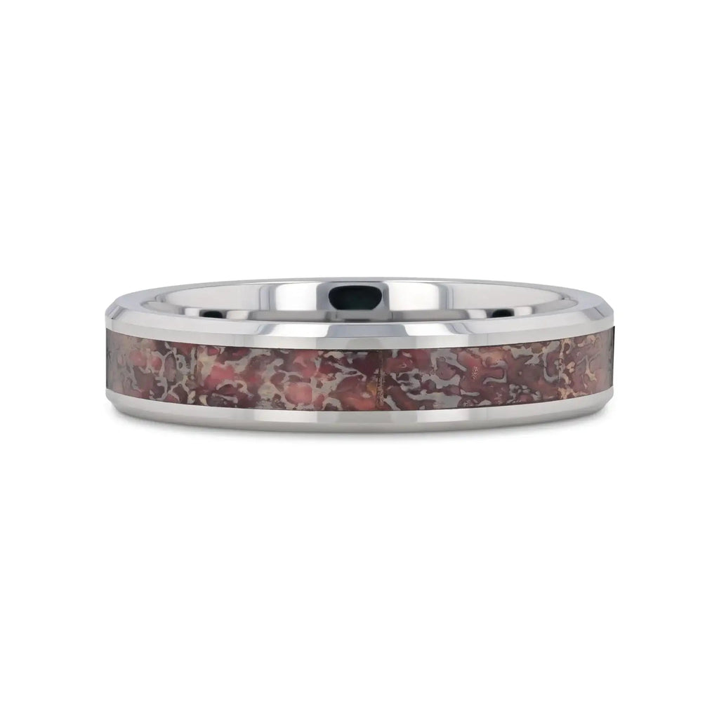 ARCHEAN Pink Dinosaur Bone Inlaid Tungsten Carbide Beveled Edged Ring - 4mm - 8mm