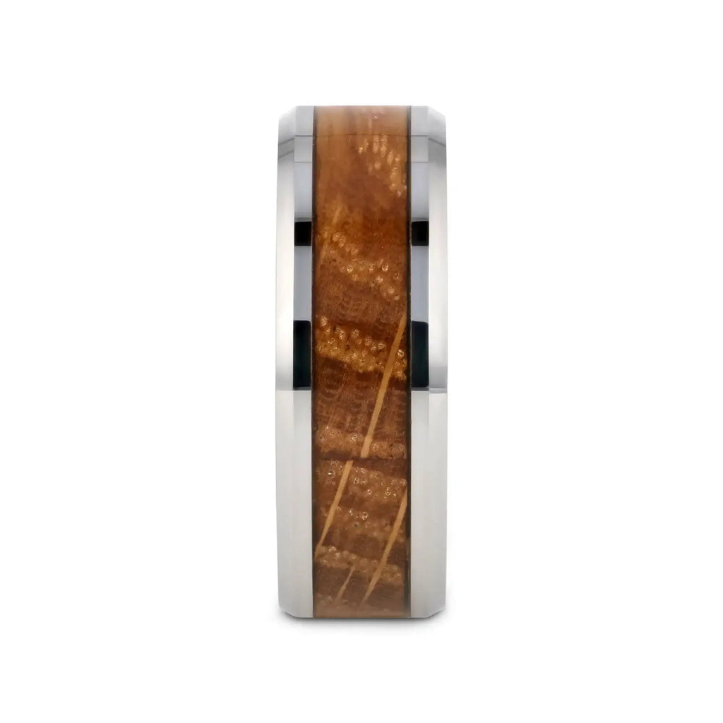 DISTILLED Whiskey Barrel Inlaid Tungsten Men's Wedding Band With Beveled Polished Edges Made From Genuine Whiskey Barrels - 8mm