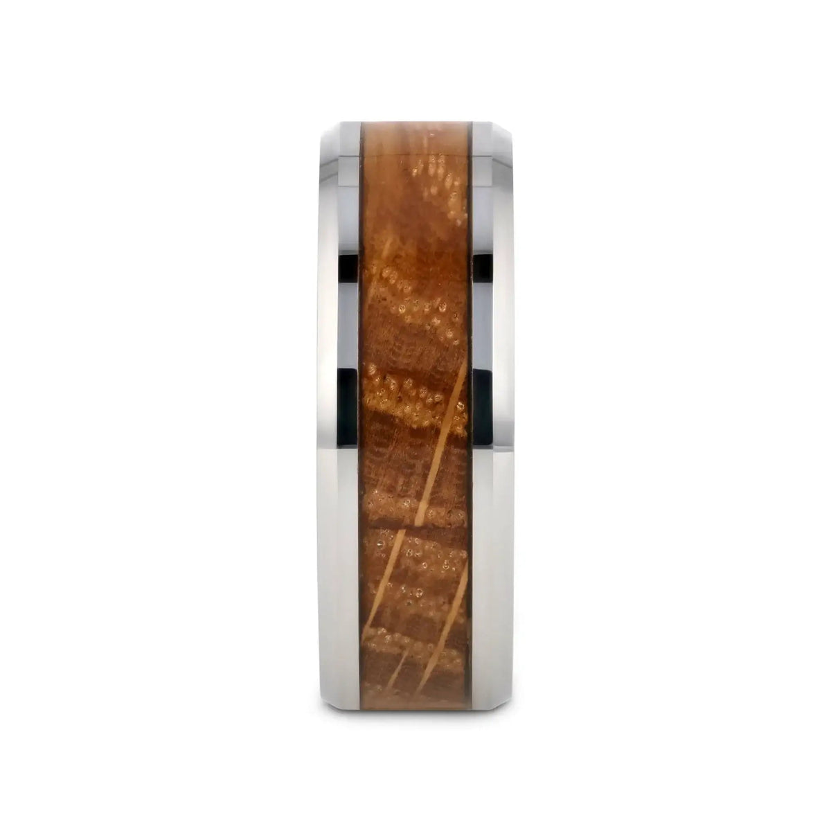 DISTILLED Whiskey Barrel Inlaid Tungsten Men's Wedding Band With Beveled Polished Edges Made From Genuine Whiskey Barrels - 8mm