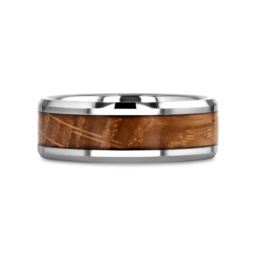 DISTILLED Whiskey Barrel Inlaid Tungsten Men's Wedding Band With Beveled Polished Edges Made From Genuine Whiskey Barrels - 8mm