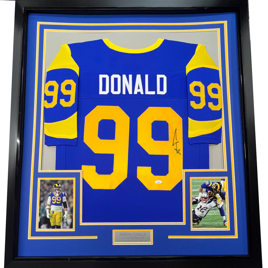 Framed Autographed/Signed Aaron Donald 35x39 Los Angeles LA Retro Blue Football Jersey JSA COA