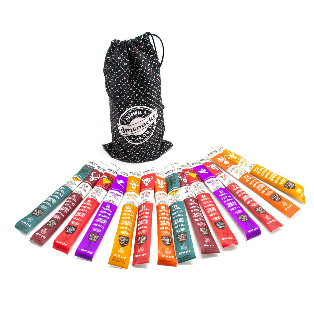 Exotic Meat Sticks Bag – 14 Wild Game Jerky Snacks in Canvas Gift Bag