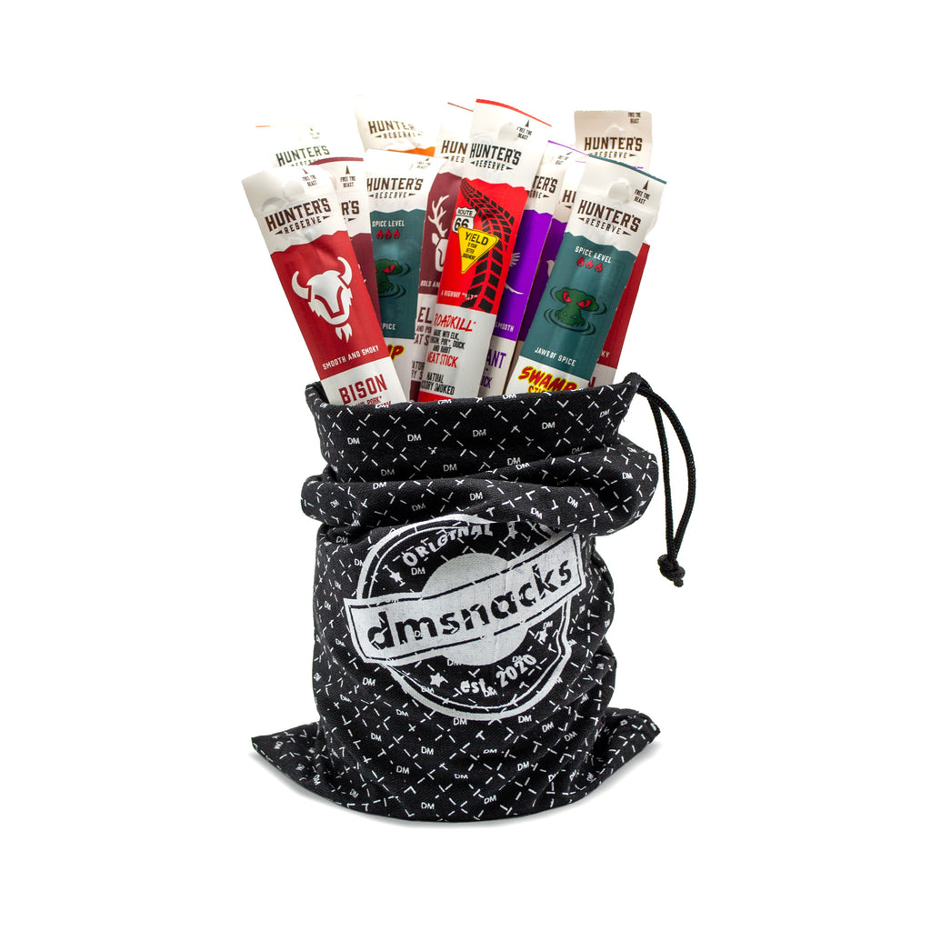 Exotic Meat Sticks Bag – 14 Wild Game Jerky Snacks in Canvas Gift Bag