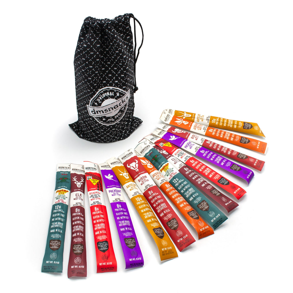 Exotic Meat Sticks Bag – 14 Wild Game Jerky Snacks in Canvas Gift Bag