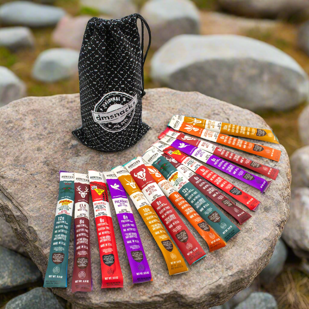 Exotic Meat Sticks Bag – 14 Wild Game Jerky Snacks in Canvas Gift Bag