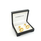 Goldtone Round Gold Lining Rectangle Cuff Links With Jewelry Box