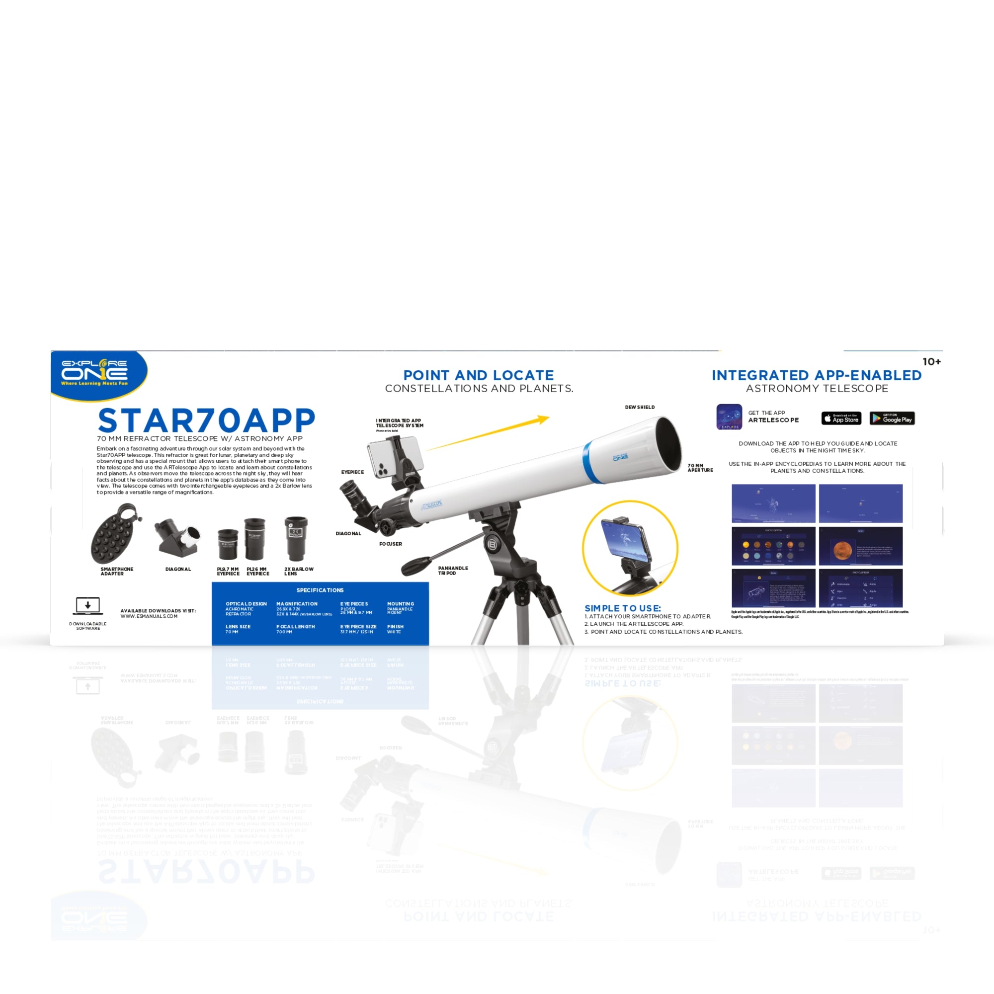STAR70APP 70mm Refractor Telescope w/ Panhandle Mount and Astronomy APP