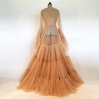 Tulle Ruffled Sleeves Layered Fringe Long Robe Dress