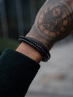 Stacked Black Leather & Black Onyx Bead Bracelet