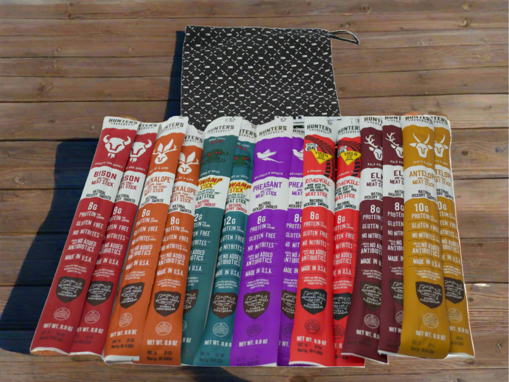 Exotic Meat Sticks Bag – 14 Wild Game Jerky Snacks in Canvas Gift Bag