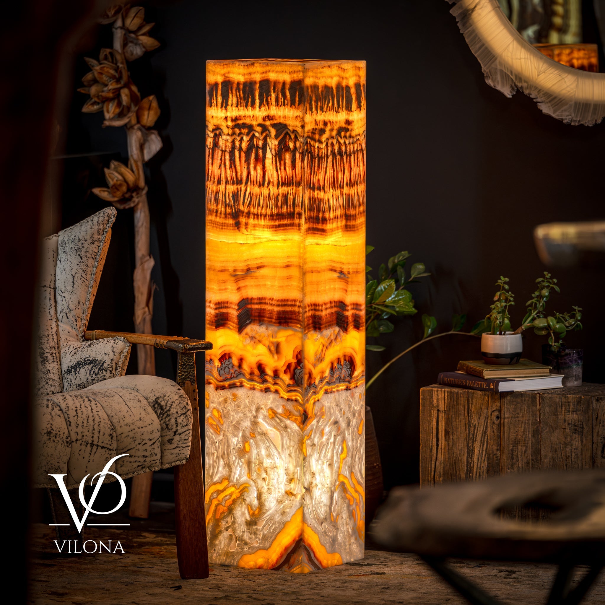 Exotic Dragon Eye Golden Cloud (Onyx Floor Lamp) - Medium - 51.25"H x 12"W - Square - #1
