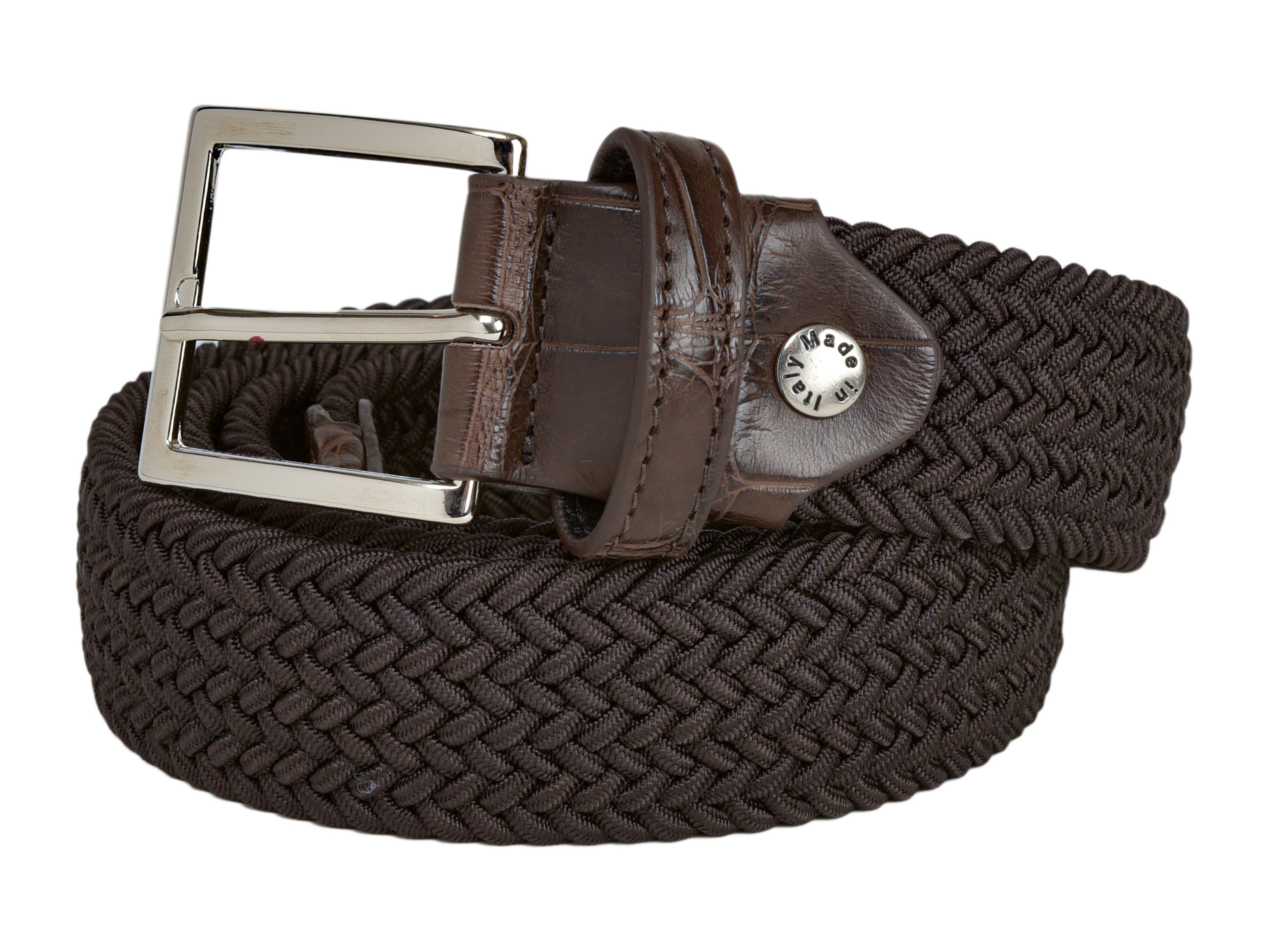 Woven Stretch Belt Crocodile Tab Solid Brown