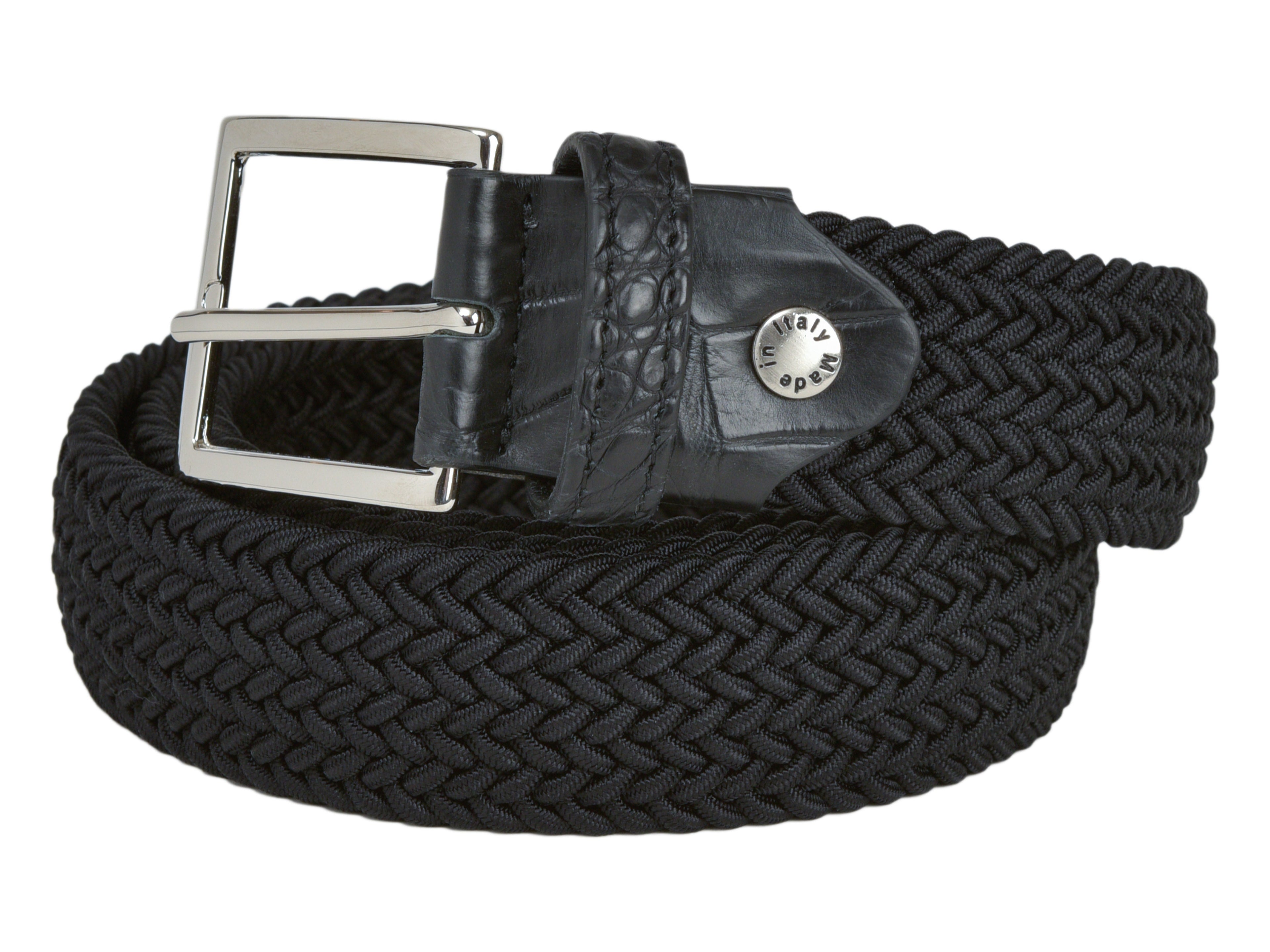 Woven Stretch Belt Crocodile Tab Solid Black