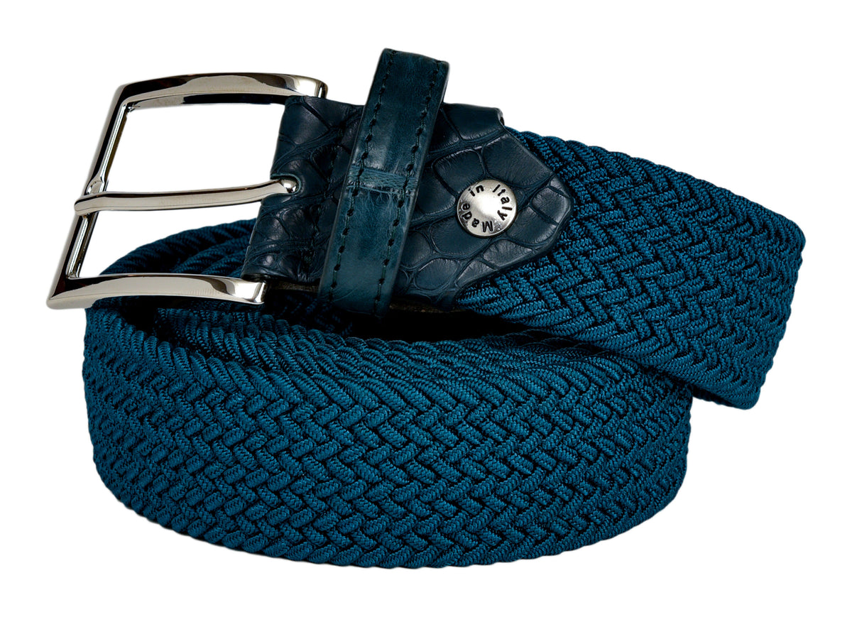 Woven Stretch Belt Crocodile Tab Solid Turquoise