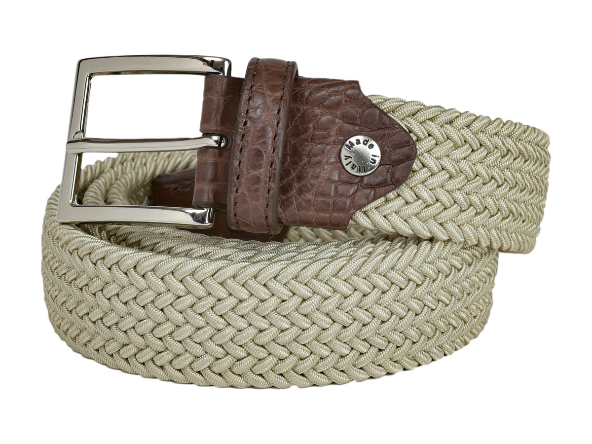 Woven Stretch Belt Crocodile Tab Solid Tan
