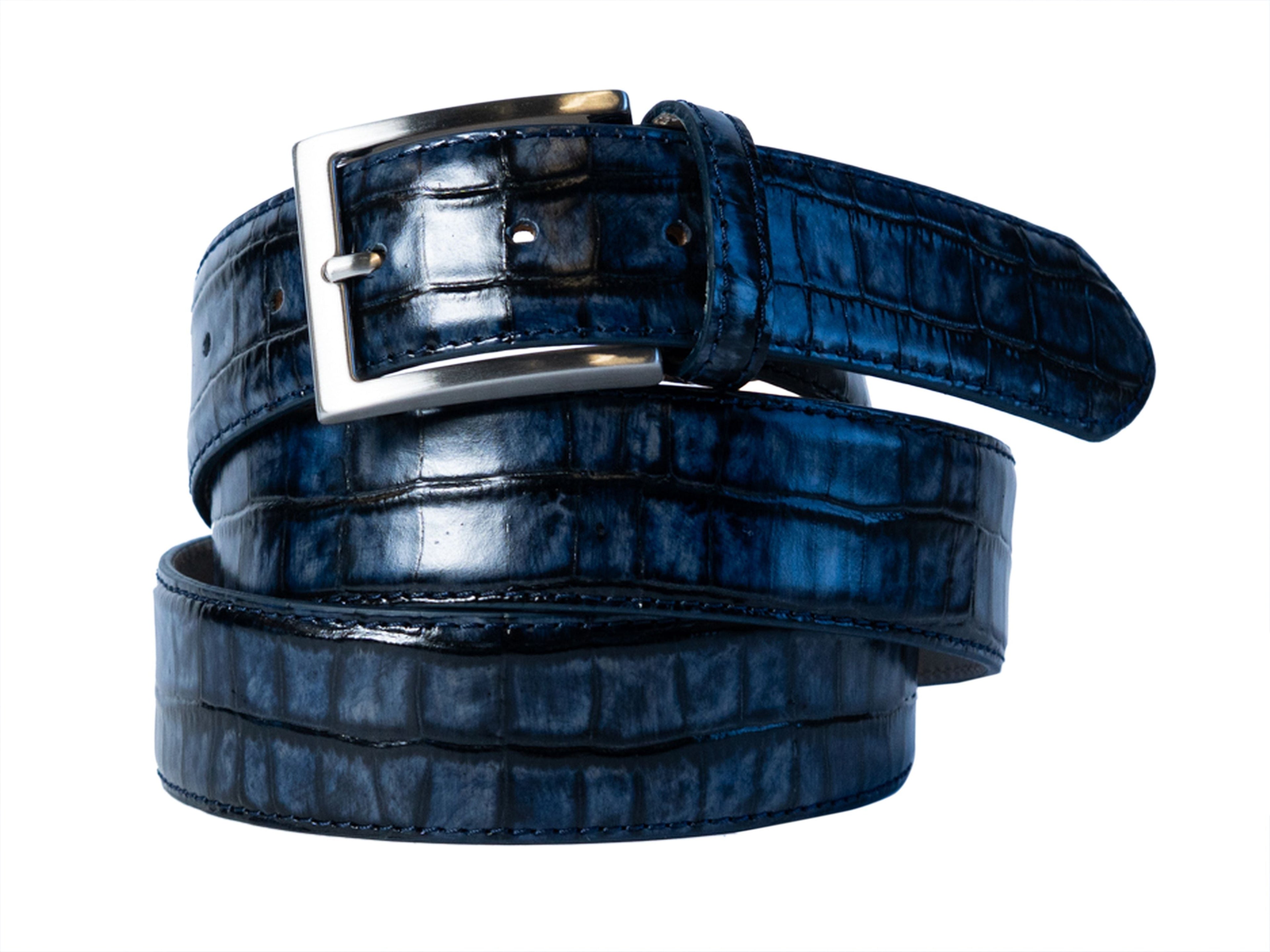 Limited Edition Handpainted Calf Skin Alligator Embossed Belt Navy/Black