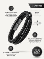 Stacked Black Leather & Black Onyx Bead Bracelet
