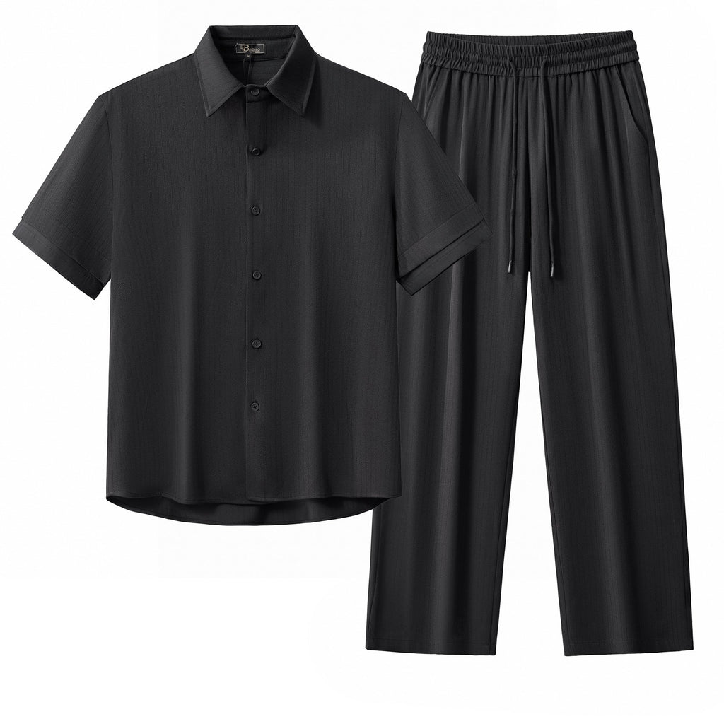 Barocco Flow Men's Textured Shirt & Pants Set - Black