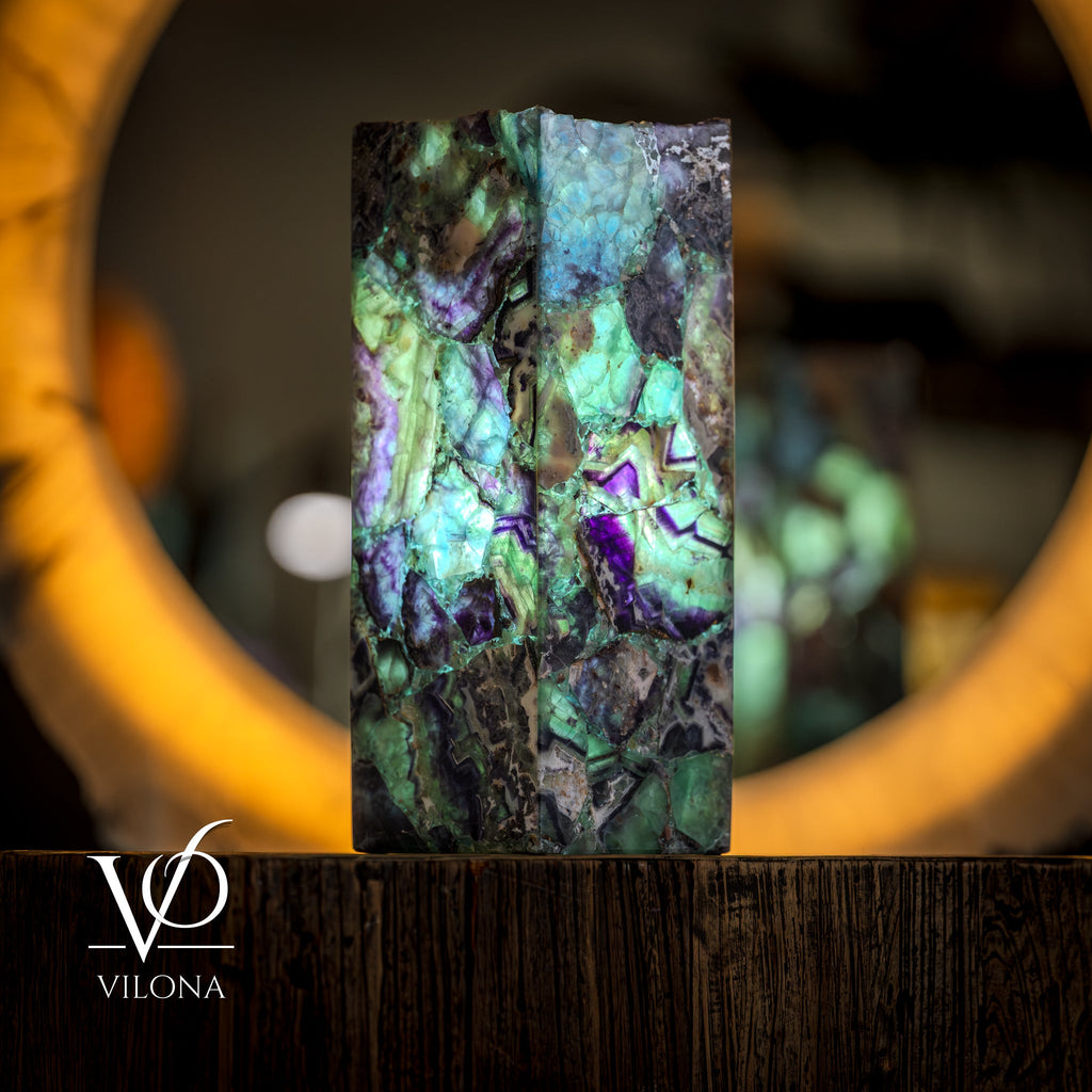 Fluorite Table Lamp - 16" Tall, 5.75"x5.75" Live Edge Square - (Small #17)