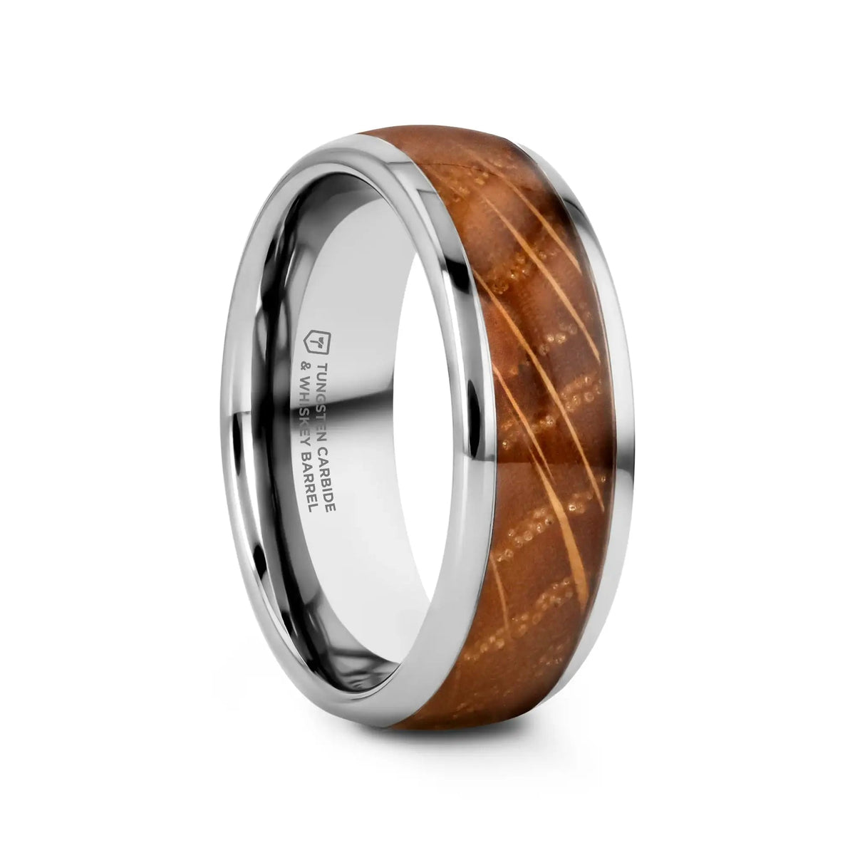 FORMENT Whiskey Barrel Inlaid Tungsten Men's Wedding Band With Domed Polished Edges Made From Genuine Whiskey Barrels - 8mm