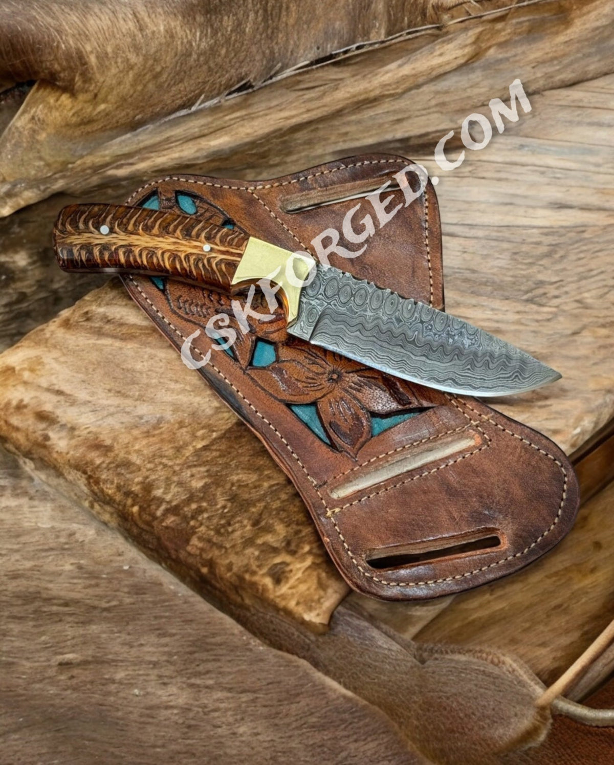 Ranch Cowboy Knives Damascus Steel and Pine Cone Handle