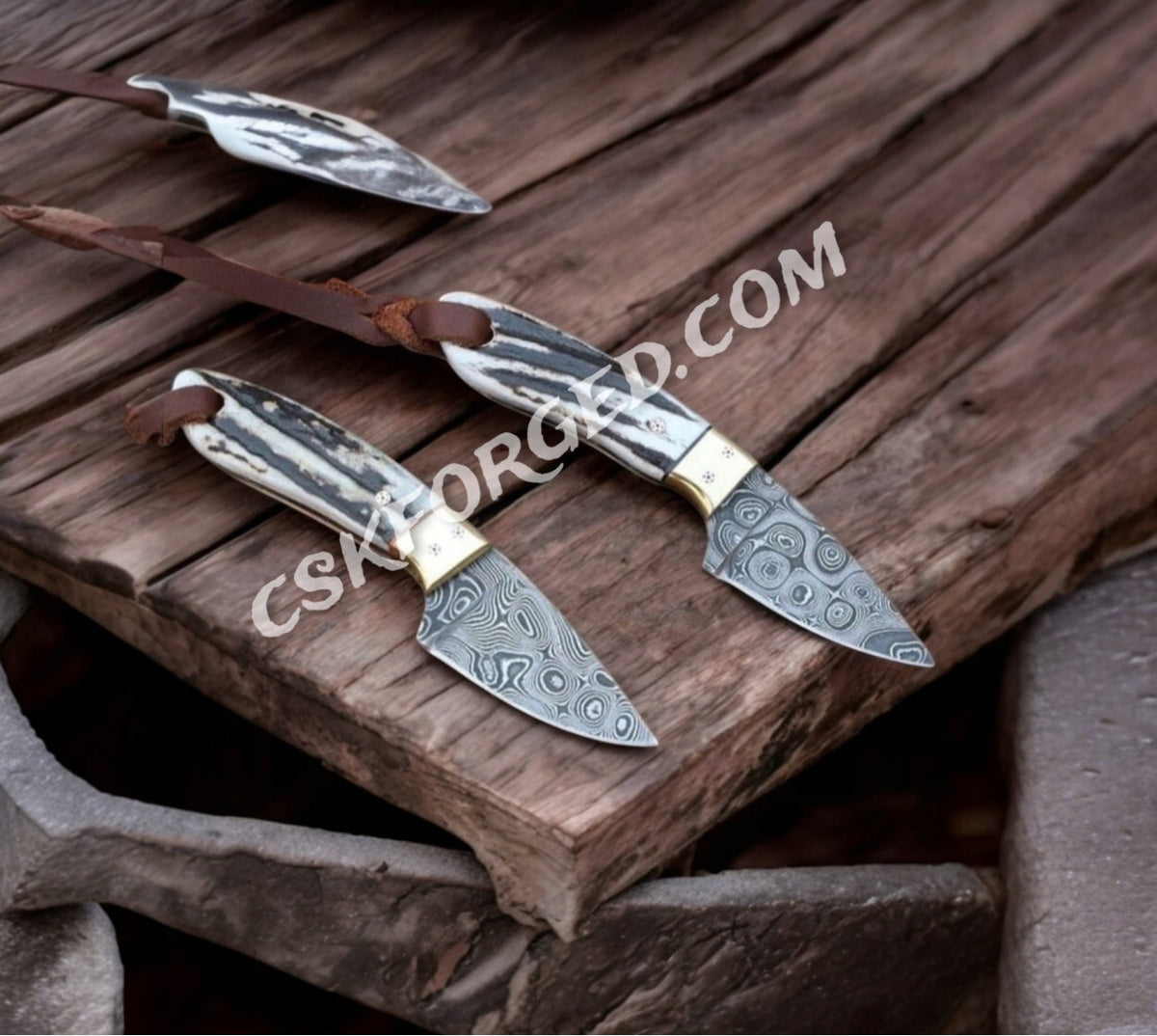 Damascus Steel Knife Hunting Set Raindrop Blade & Antler Handles