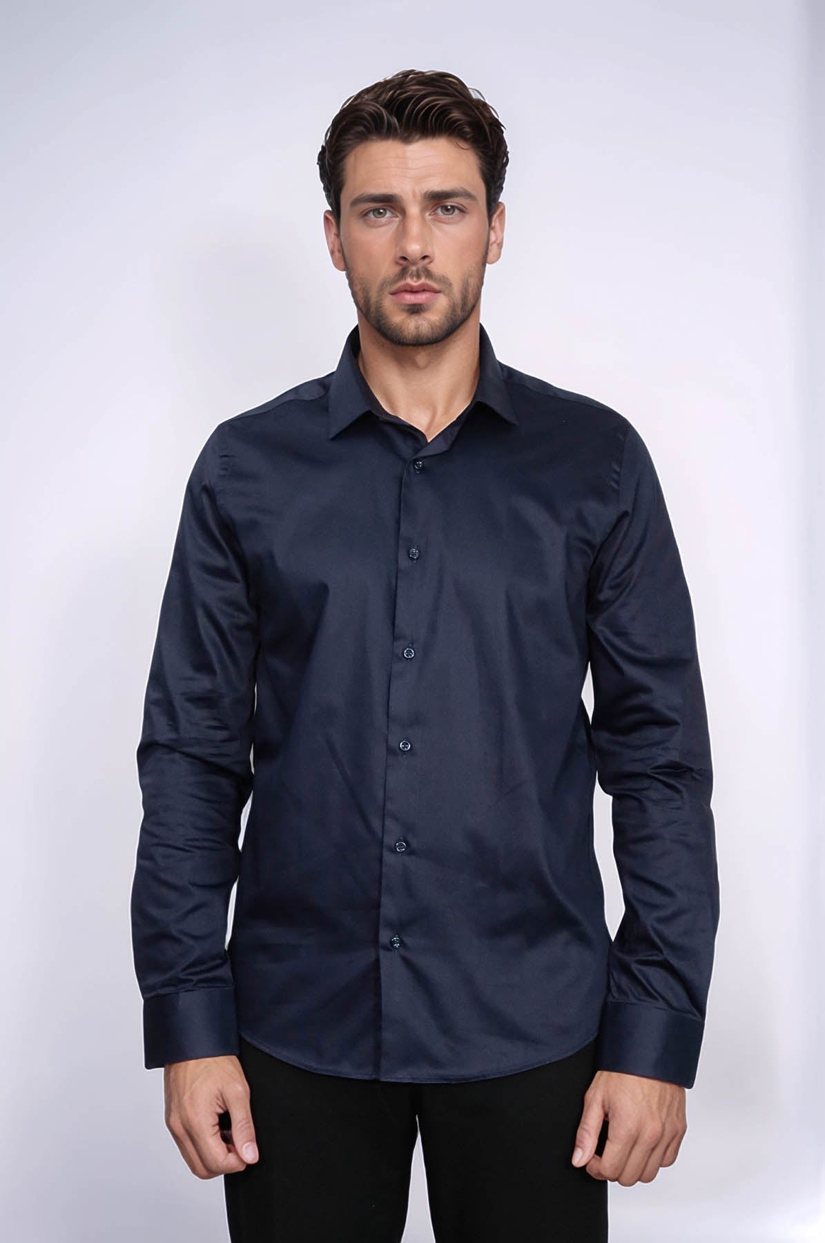 Cotton Satin Slim Fit Long Sleeves Plain Navy Blue Men Shirt - Wessi
