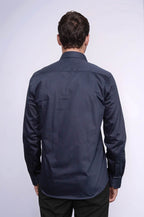 Cotton Satin Slim Fit Long Sleeves Plain Navy Blue Men Shirt - Wessi