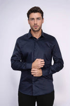 Cotton Satin Slim Fit Long Sleeves Plain Navy Blue Men Shirt - Wessi