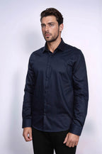 Cotton Satin Slim Fit Long Sleeves Plain Navy Blue Men Shirt - Wessi