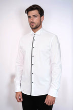 Black Stripe Detailed White Men Tuxedo Shirt - Wessi