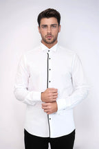 Black Stripe Detailed White Men Tuxedo Shirt - Wessi