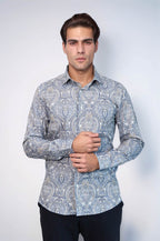 Damask Pattern Blue Slim Fit Shirt - Wessi