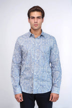 Blue Damask Pattern Slim Fit Shirt - Wessi