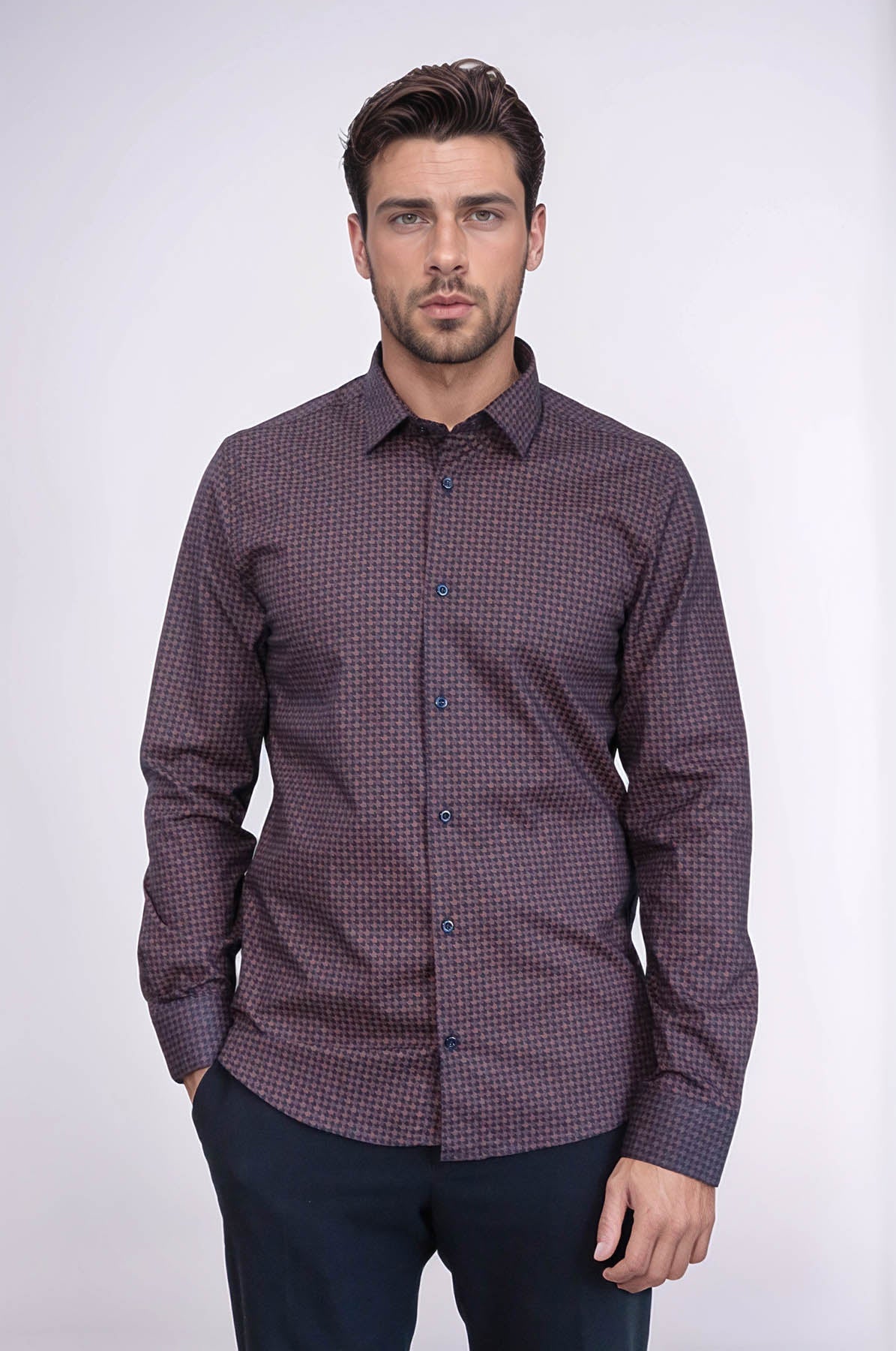 Houndstooth Pattern Slim Fit Brown Men Shirt - Wessi