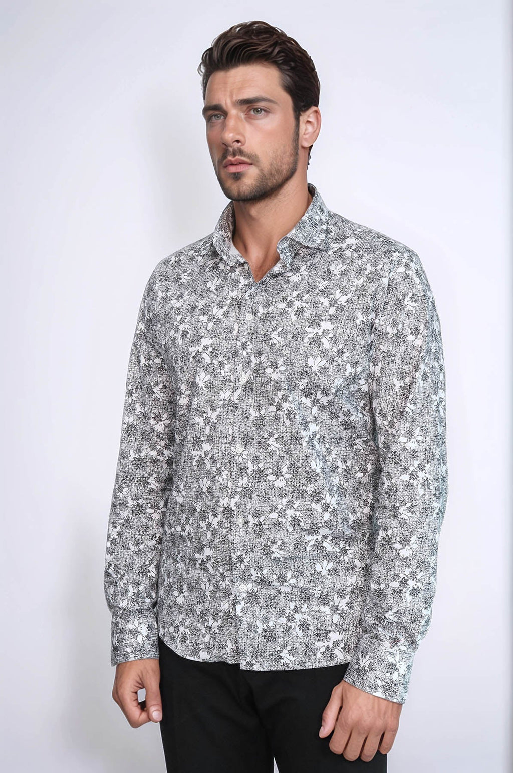 Bloom Patterned Dark Slim Fit Grey Men Shirt - Wessi