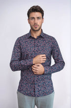 Bloom Patterned Slim Fit Navy Blue Men Shirt - Wessi