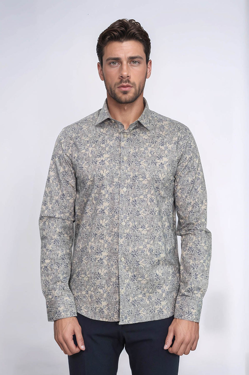 Bloom Patterned Beige Slim Fit Shirt - Wessi