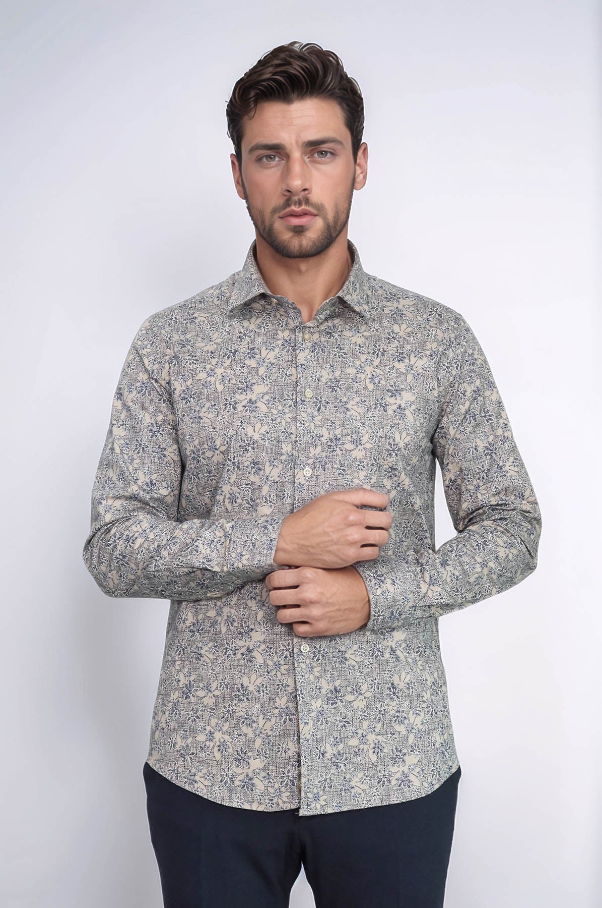 Bloom Patterned Beige Slim Fit Shirt - Wessi