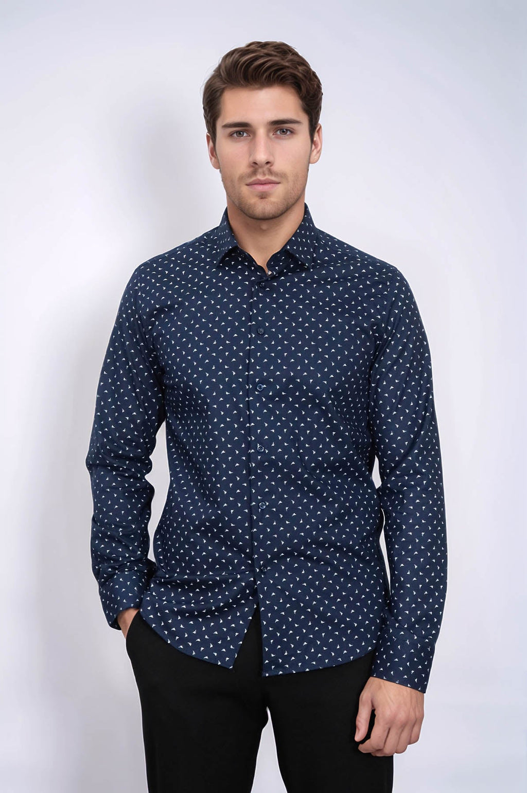Men’s Navy Shirt with Minimal White Pattern – Wessi