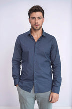 Dark Blue Tiny Check Patterned Slim Fit Shirt - Wessi