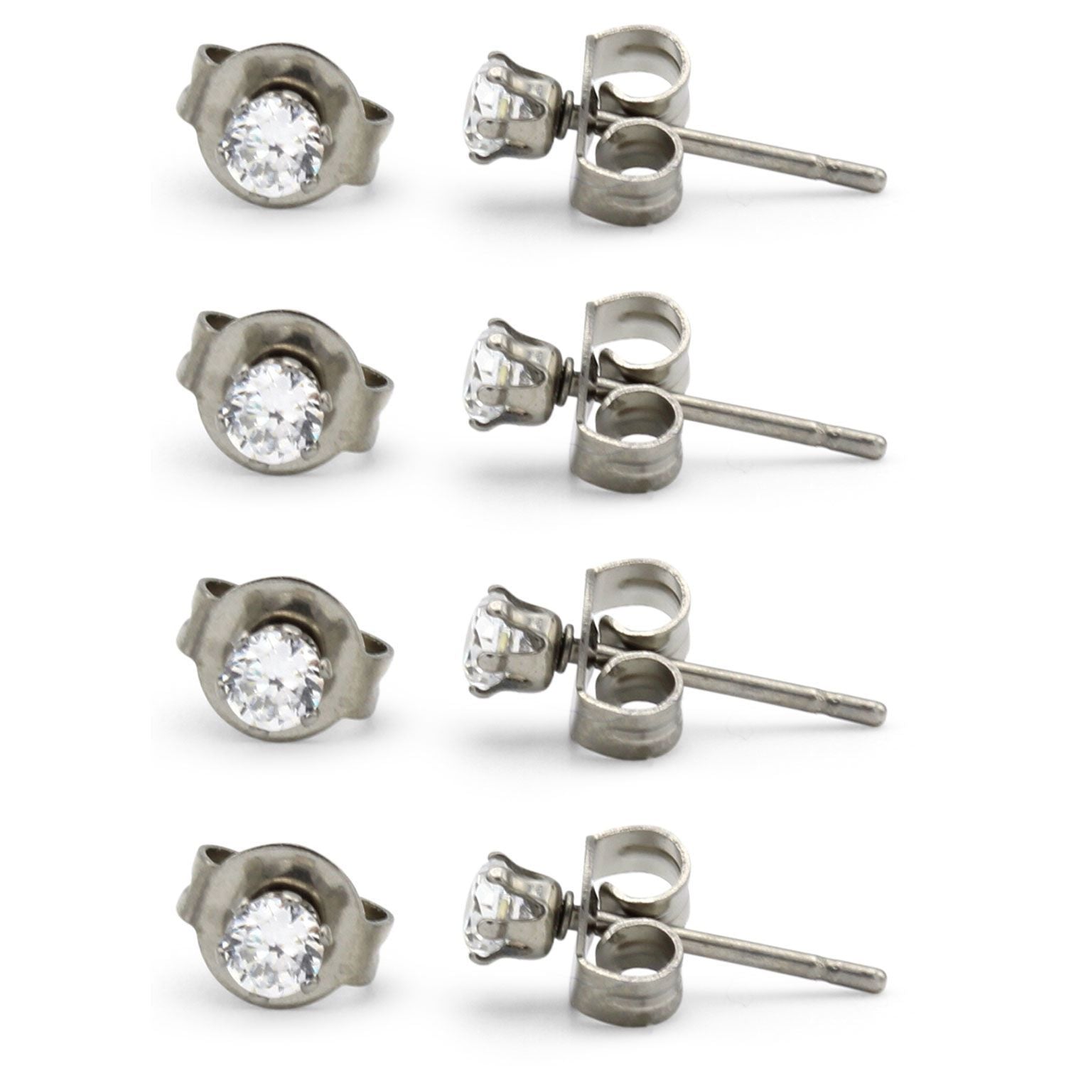 Cubic Zirconia Round Silver Stud Earrings Set Of 4 Stainless Steel Jewelry Men Women