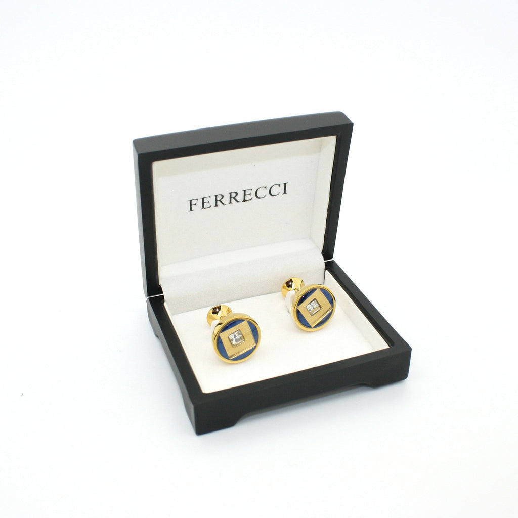 Goldtone Blue Center Glass Stone Cuff Links With Jewelry Box