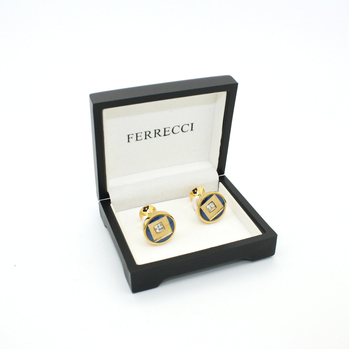 Goldtone Blue Center Glass Stone Cuff Links With Jewelry Box