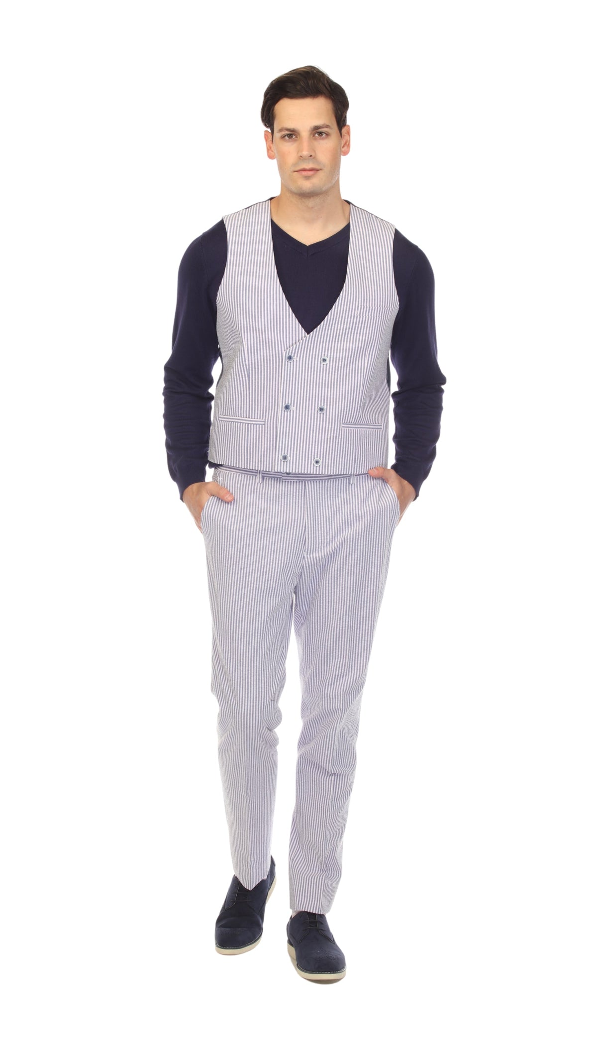 Men's Navy Double Breasted Seersucker Vest – Grant