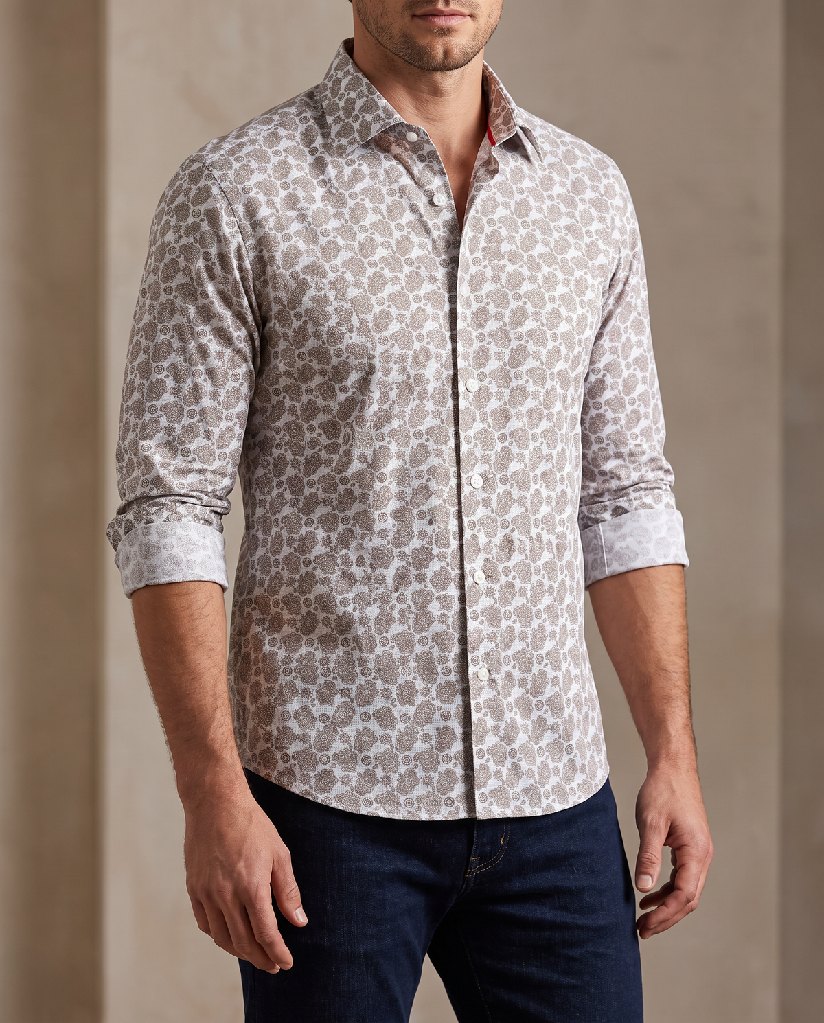 Lt Brown Paisley Shirt // Contemporary Fit - contrast  trimming- final sale