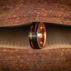 Men's 8mm Black & Rose Gold Wedding Band with Unique Offset Channel