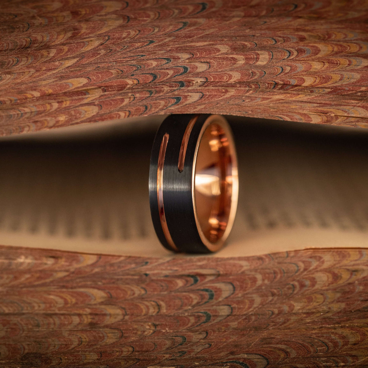 Men's 8mm Black & Rose Gold Wedding Band with Unique Offset Channel