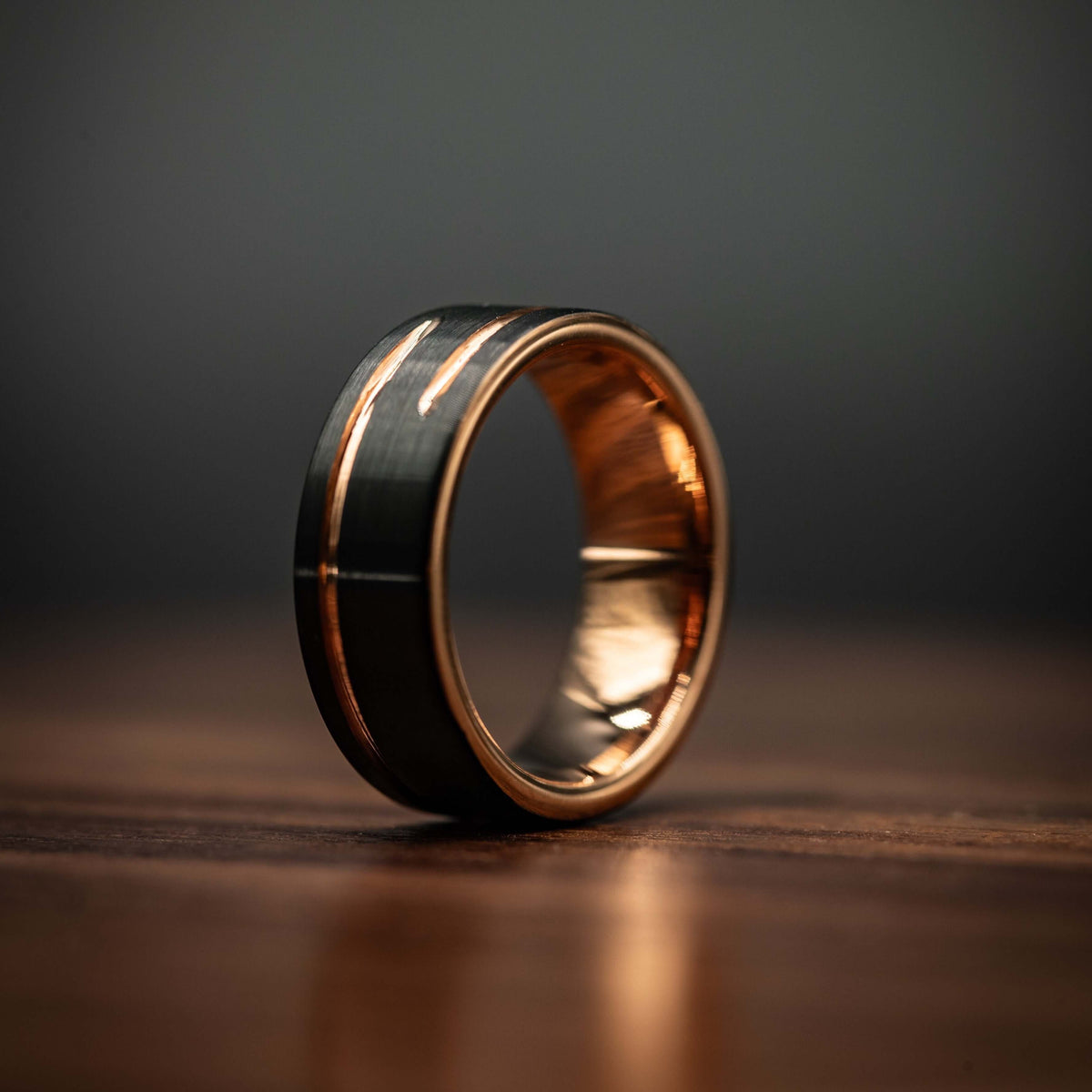 Men's 8mm Black & Rose Gold Wedding Band with Unique Offset Channel