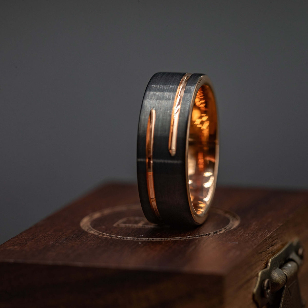 Men's 8mm Black & Rose Gold Wedding Band with Unique Offset Channel